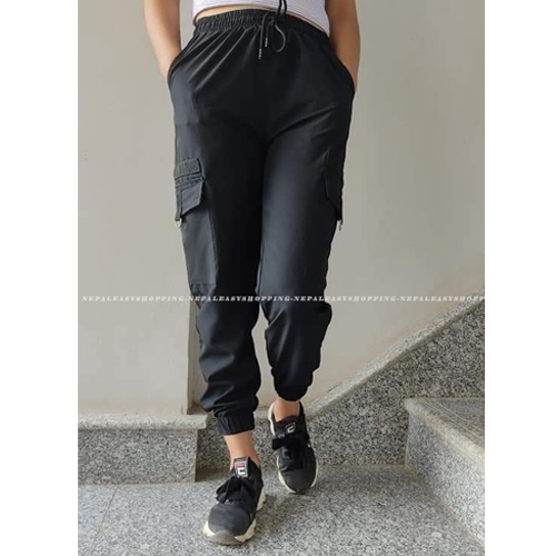 Women's Casual Stretch Drawstring Black Jogger Pants  with Pockets