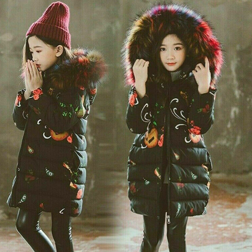 Girls Winter Hooded Parka Long Fur Jacket Coat Warm Baby Children Padded Thick