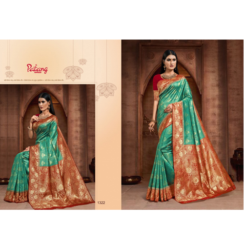 Patang International Banarasi Silk Green And Red Woven design with Golden Border Design