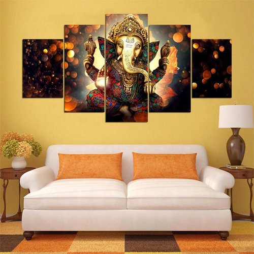 Saumic Craft Set Of 5 Ganesha Ganesh Ji Religious Framed Wall Paintings For Home Decorations , Living Room , Hall , Office , Gifting , Big Size