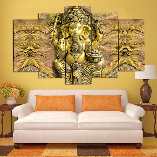 Set Of 5  Golden Ganesha Ganesh Ji Religious Framed Wall Paintings For Home Decorations , Living Room , Hall , Office , Gifting , Big Size Wall Décor