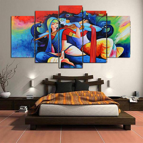 Lord Krishna Wall Painting/Canvas Print Wall Hanging/Home Decor for Living Room, Bedroom, Office Decoration in 5 Panel Set