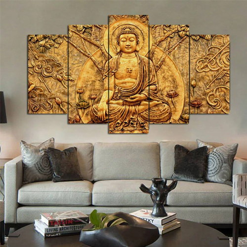 Set of 5 Sitting Buddha Self Adeshive UV Coated 3D Paintings for Home Decor and Gifting with a Special Present Inside
