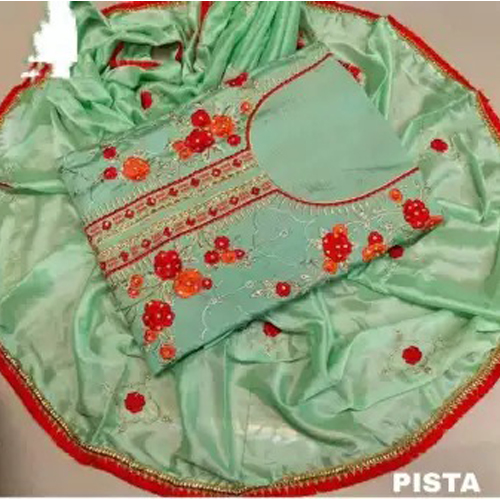 Pista Green Chinnon Embroidery work Kurta Salwar And Shawl Set For Women