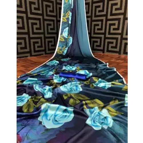 Light Blue/Dark Blue Multicolor Premium Quality Digital Print Japanese Satin Silk Saree With Unstitched Blouse Piece For Women