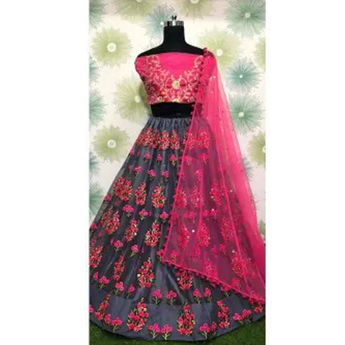 Grey/Pink Embroidered Semi Stitched Net Lehenga With Shawl For Women
