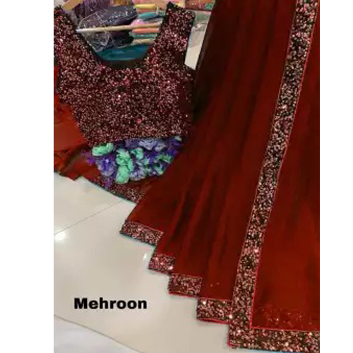 Maroon Lace Work Saree With Unstitched Sequin Work Blouse Piece For Women