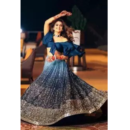Blue Embroidered Work Semi Stitched Georgette Lehenga With Shawl For Women