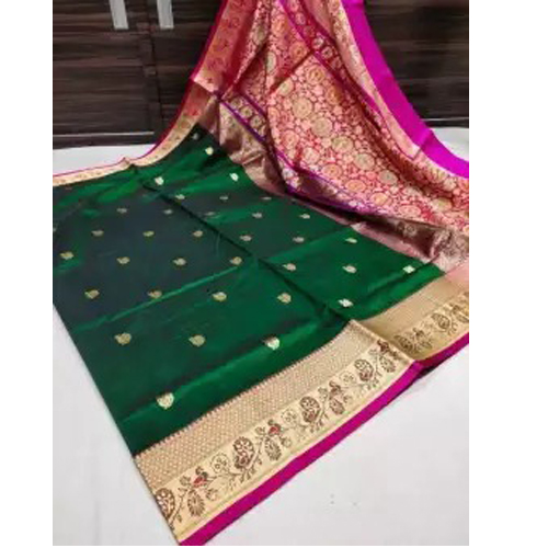 Green/Pink Soft Litchi Silk Saree With Unstitched Blouse For Women