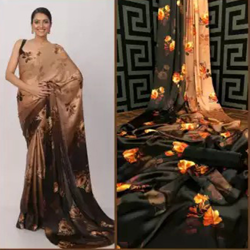 Chocolate Brown/Black Multicolor Floral Digital Print Japanese Satin Silk Saree With Unstitched Blouse Piece For Women