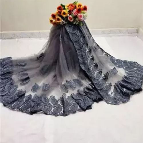 Grey Embroidered Net Saree With Unstitched Blouse Piece For Women