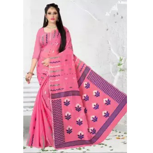 Pink Dhaka Print Cotton Silk Saree With Unstitched Blouse For Women