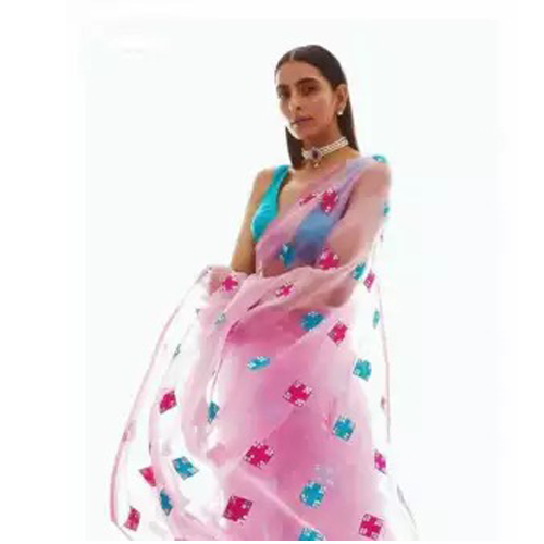 Pink/Blue Floral Organza Saree With Unstitched Blouse For Women
