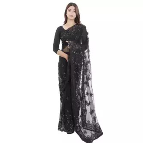 Black Net Floral Embroidered Saree With Unstitched Blouse For Women