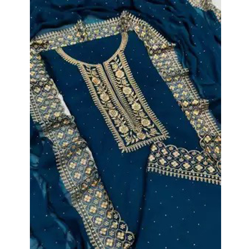 Turquoise Embroidered Work Kurta Salwar And Shawl Set For Women