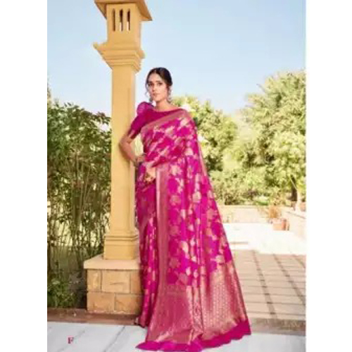 Pink/Golden Banarasi Weaving Silk Saree With Unstitched Blouse For Women