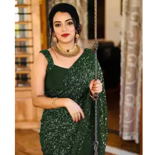 Green Sequin Saree With Unstitched Blouse Piece For Women
