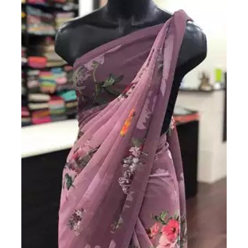 Purple/Pink Floral Print Multicolor Georgette Saree With Unstitched Blouse Piece For Women