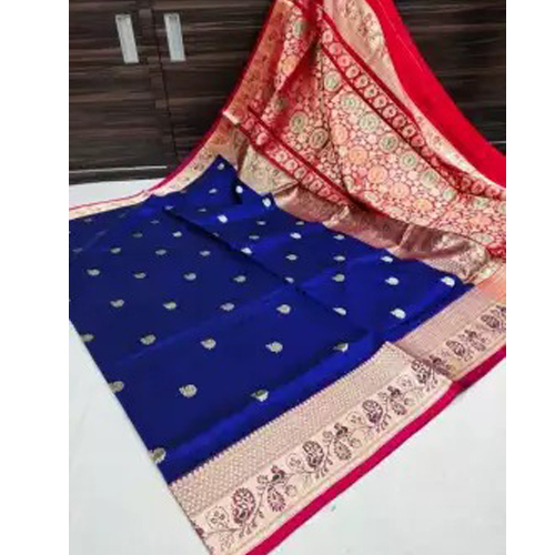 Blue/Pink Soft Litchi Silk Saree With Unstitched Blouse For Women