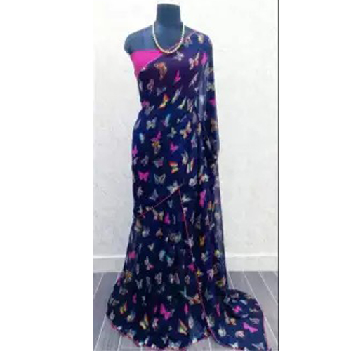 Butterfly Print Georgette Saree With Unstitched Blouse For Women