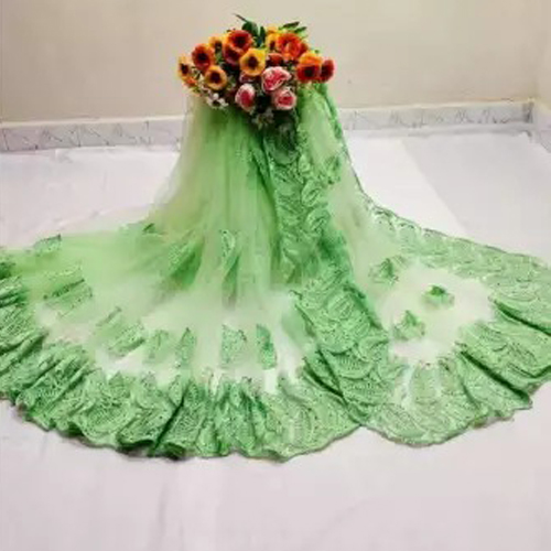 Green Embroidered Net Saree With Unstitched Blouse Piece For Women