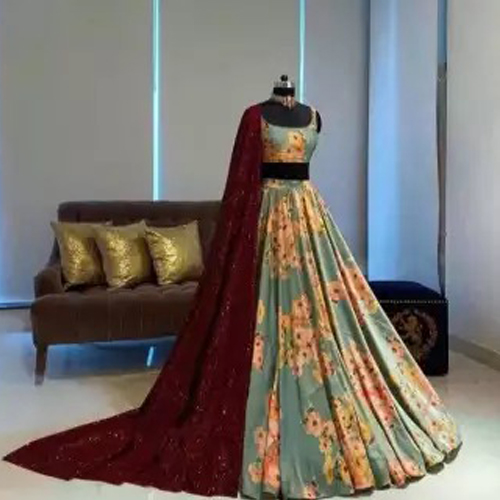 Turquoise Floral Embroidered Semi-Stitched Lehenga With Sequin Shawl For Women