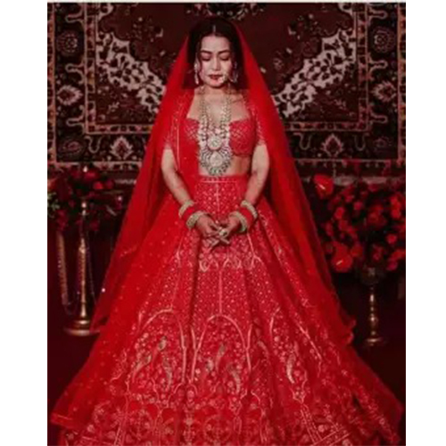 Red Semi Stitched Georgette Lehenga With Shawl For Women