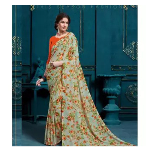 Cream/Orange Printed Saree With Unstitched Blouse For Women