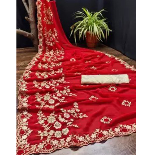 Red Embroidered Work Saree With Unstitched Blouse Piece For Women
