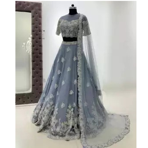 Grey Embroidered Work Semi Stitched Georgette Lehenga With Shawl For Women