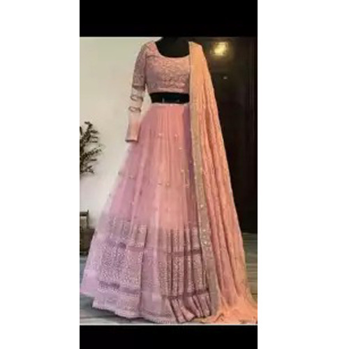 Peach Semi Stitched Georgette Lehenga With Shawl For Women
