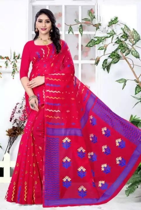 Dark Pink Dhaka Print Cotton Silk Saree With Unstitched Blouse For Women