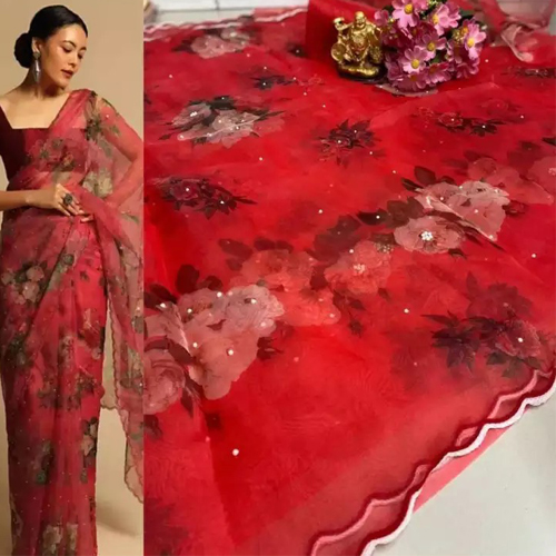 Red Floral Organza Silk Saree With Unstitched Blouse Piece For Women