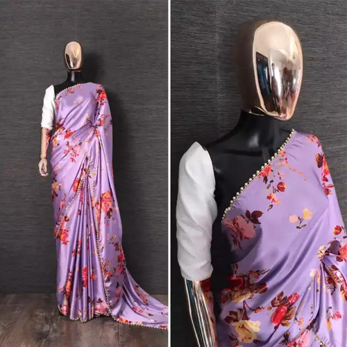 Purple Floral Print Japanese Satin Silk Pearl Lace Saree With Blouse Piece For Women