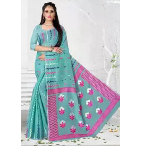 Light Blue Dhaka Print Cotton Silk Saree With Unstitched Blouse For Women