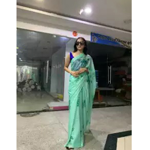 Light Green Floral Printed Saree With Unstitched Blouse For Women