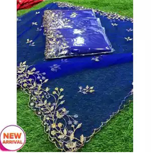 Blue Multipurpose Embroidered Net Shawl For Women