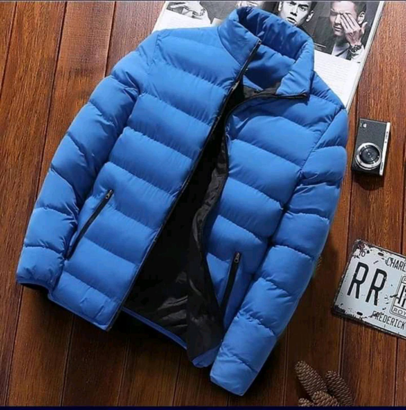 Men's Lightweight Wind/Dust Proof Puffer Stand Collar Winter Warm Jacket Blue