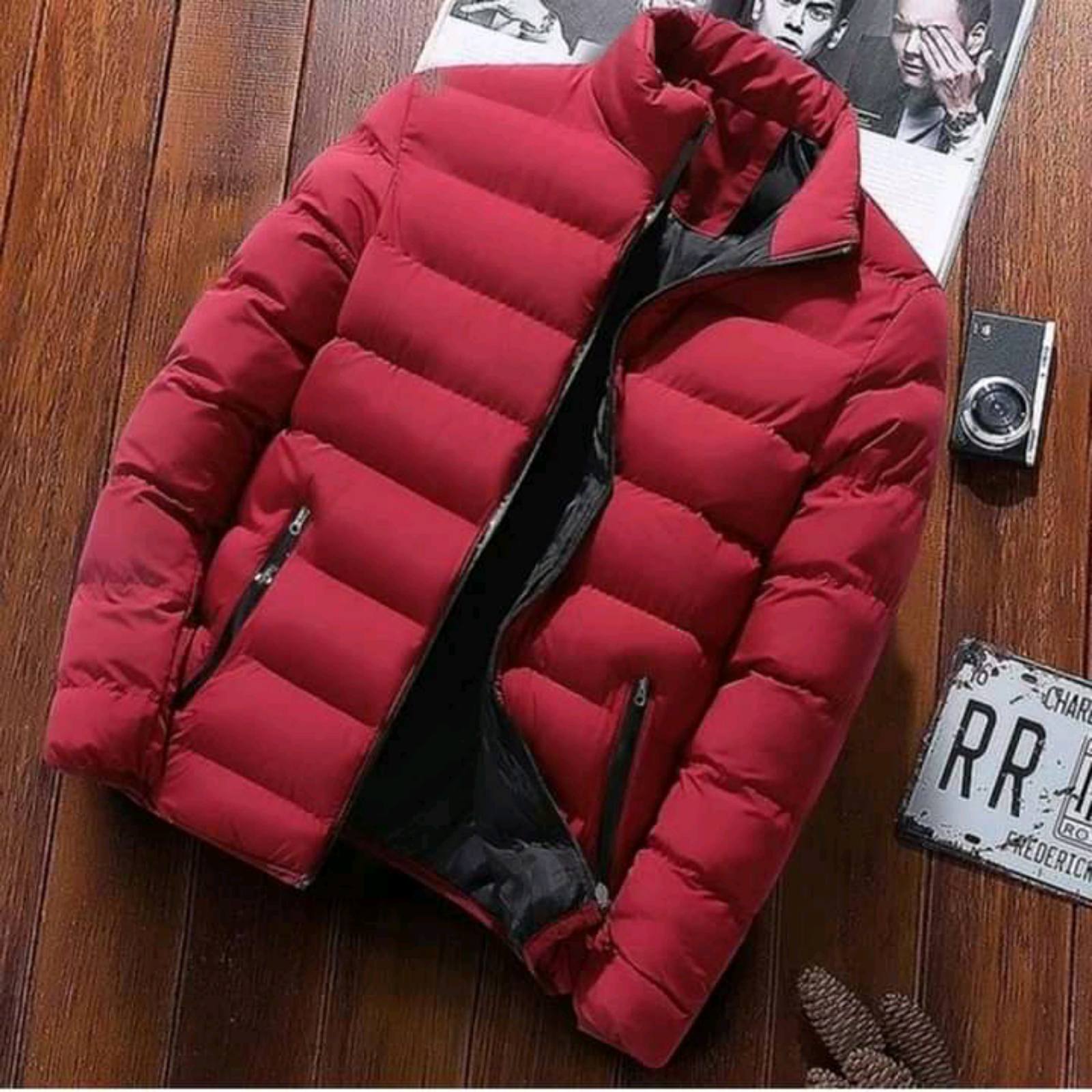 Men's Lightweight Wind/Dust Proof Puffer Stand Collar Winter Warm Jacket Red