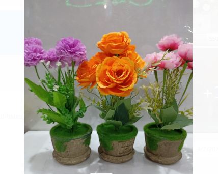 Artificial Rose Flower Bunch Attached With Pot For Home Decor