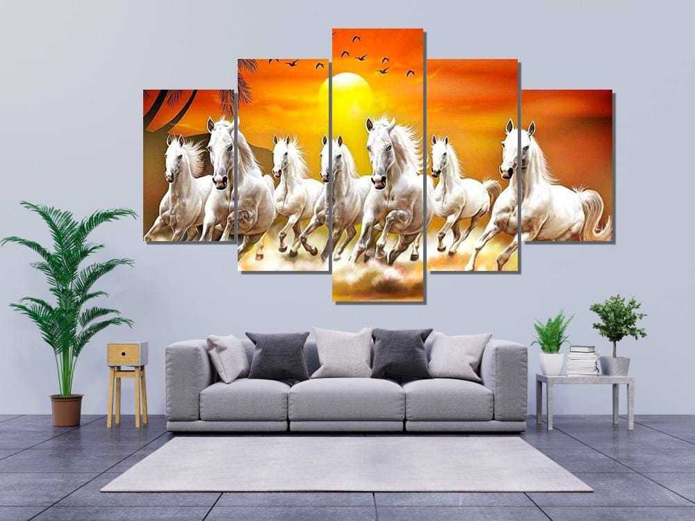 5 Piece Premium Quality HD Wall Art Picture 7 Running Horse on Canvas for Living Room Decor Solid Wood Inner Frame